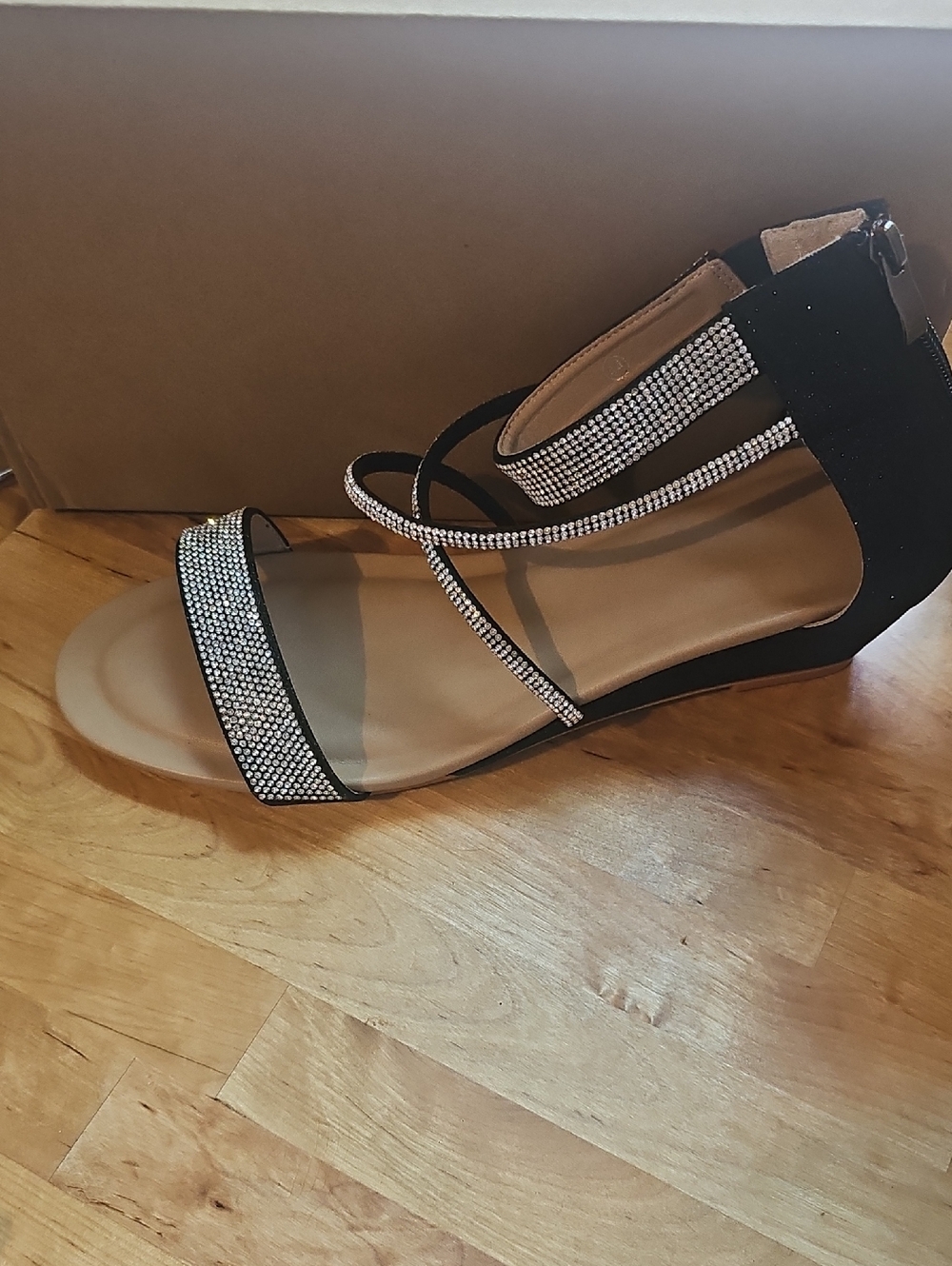 Black Rhinestone Strappy Flat Sandal - Women's Dress Sandal